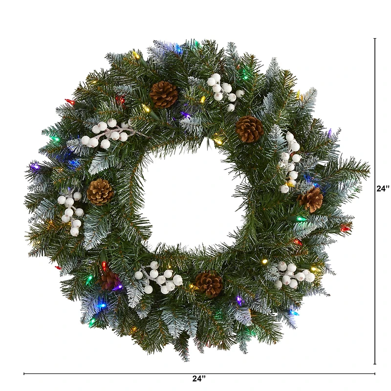 24" LED Snow Tipped Pinecone & White Berry Wreath