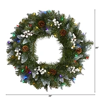 24" LED Snow Tipped Pinecone & White Berry Wreath
