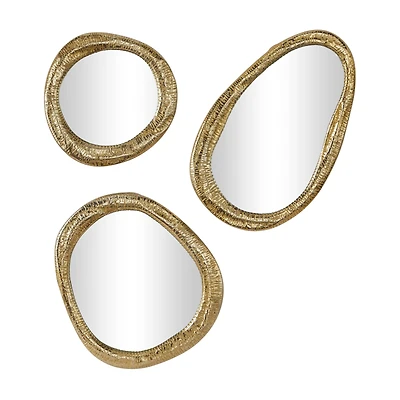 Gold Aluminum Contemporary Abstract Wall Mirror, Set of 3 23", 19", 15"
