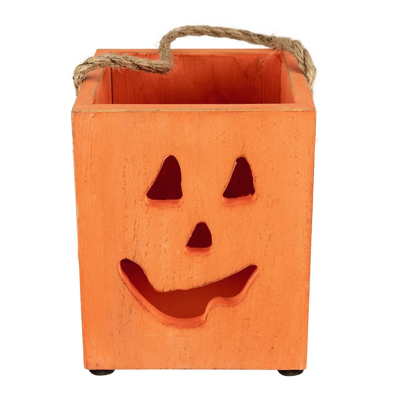 6" Orange Wood Jack-O-Lantern Halloween Candle Lantern