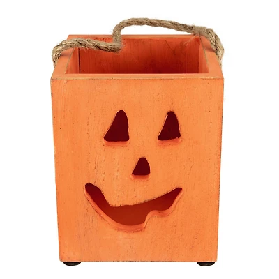 6" Orange Wood Jack-O-Lantern Halloween Candle Lantern