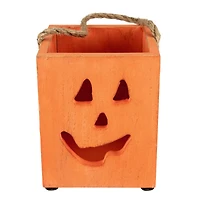 6" Orange Wood Jack-O-Lantern Halloween Candle Lantern