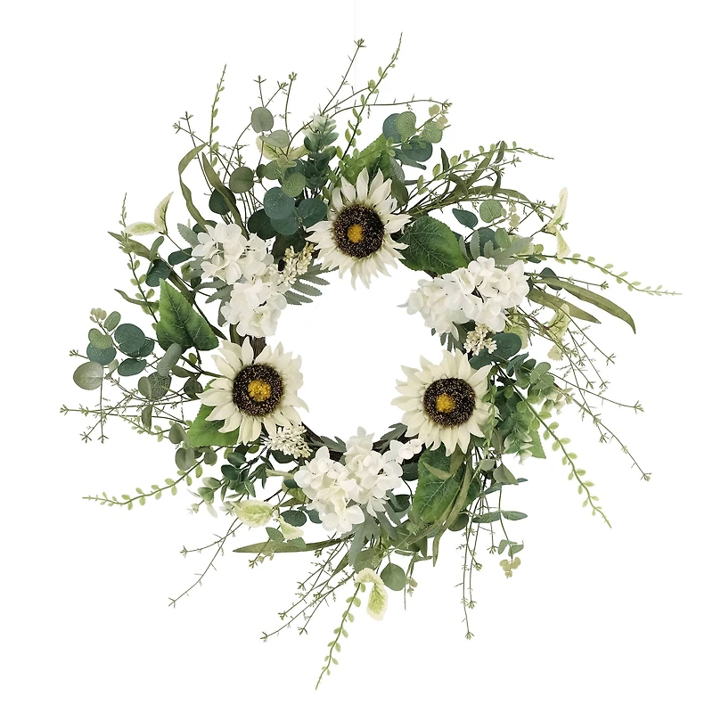 24" White & Green Sunflower & Hydrangea Floral Spring Wreath