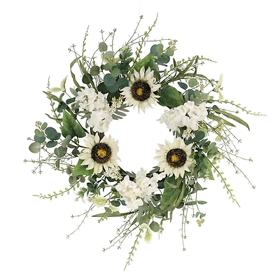 24" White & Green Sunflower & Hydrangea Floral Spring Wreath