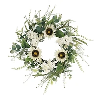 24" White & Green Sunflower & Hydrangea Floral Spring Wreath