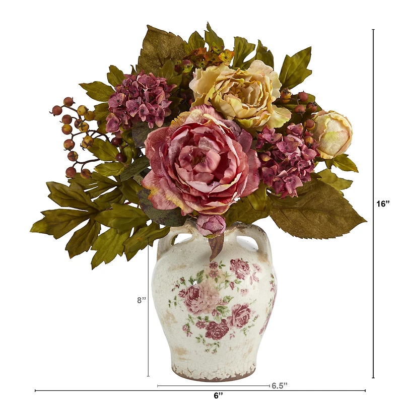 16'' Pink & Yellow Peony Arrangement in Flower Print Jar