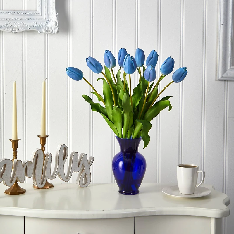 22" Light Blue Dutch Tulip Arrangement in Blue Vase