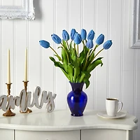 22" Light Blue Dutch Tulip Arrangement in Blue Vase