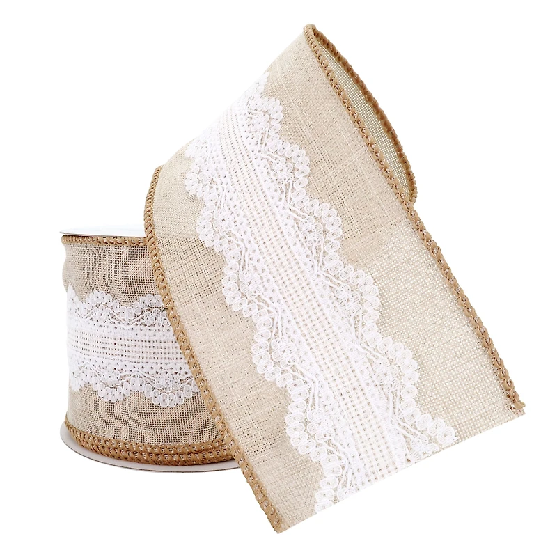 2.5" x 2yd. Faux Linen & Lace Wired Ribbon by Celebrate It™