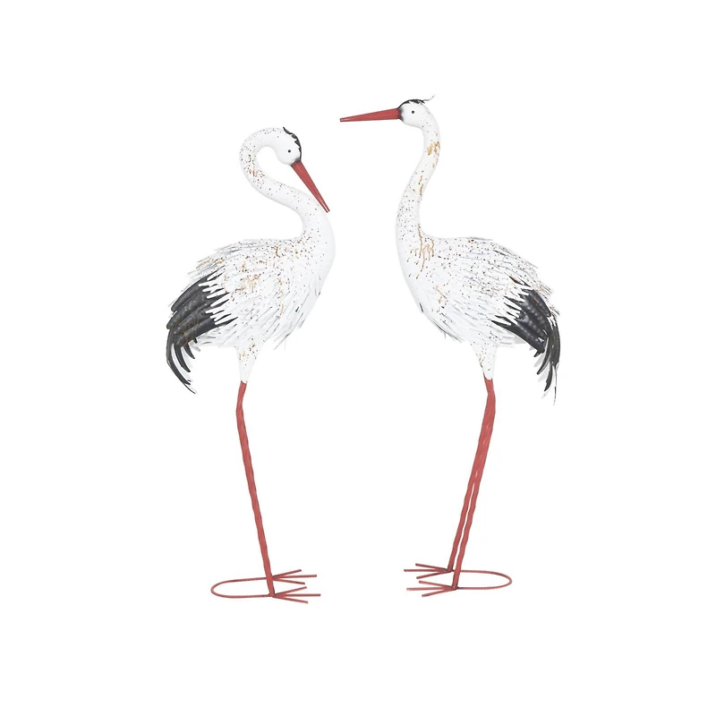Tall White Textured Metal Crane Garden Sculpture Set