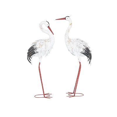Tall White Textured Metal Crane Garden Sculpture Set