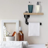 Natural Brown Industrial Wall-Mounted Rustic Toilet Paper Holder with Wood Shelf
