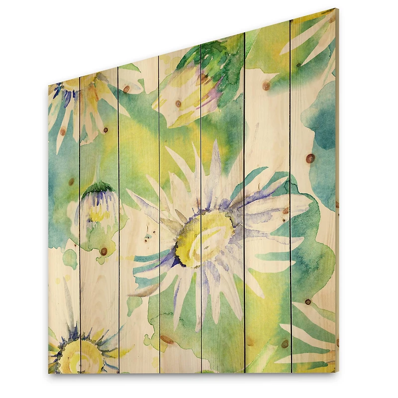 Designart - Daisy Flowers Aquarelle Impression II - Traditional Print on Natural Pine Wood