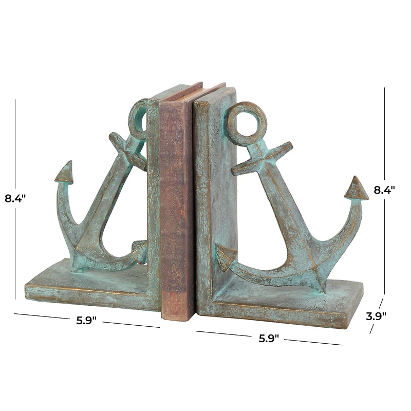 8.5" Blue Polystone Anchor Distressed Patina Bookends with Gold Foil Accents Set