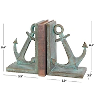 8.5" Blue Polystone Anchor Distressed Patina Bookends with Gold Foil Accents Set