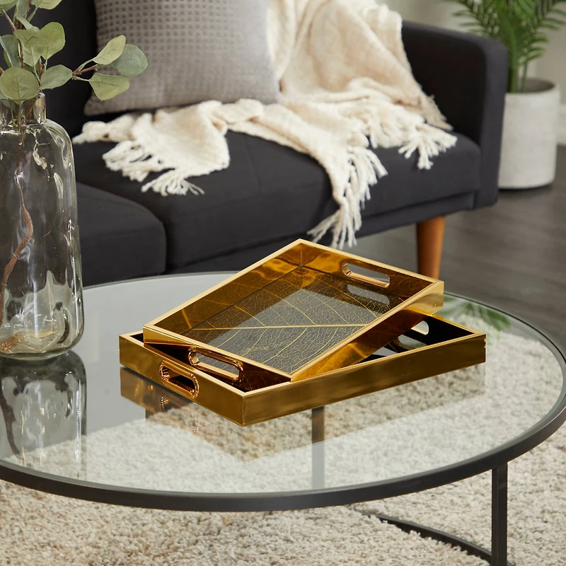 Gold Leaf Pattern Plastic Glam Tray Set