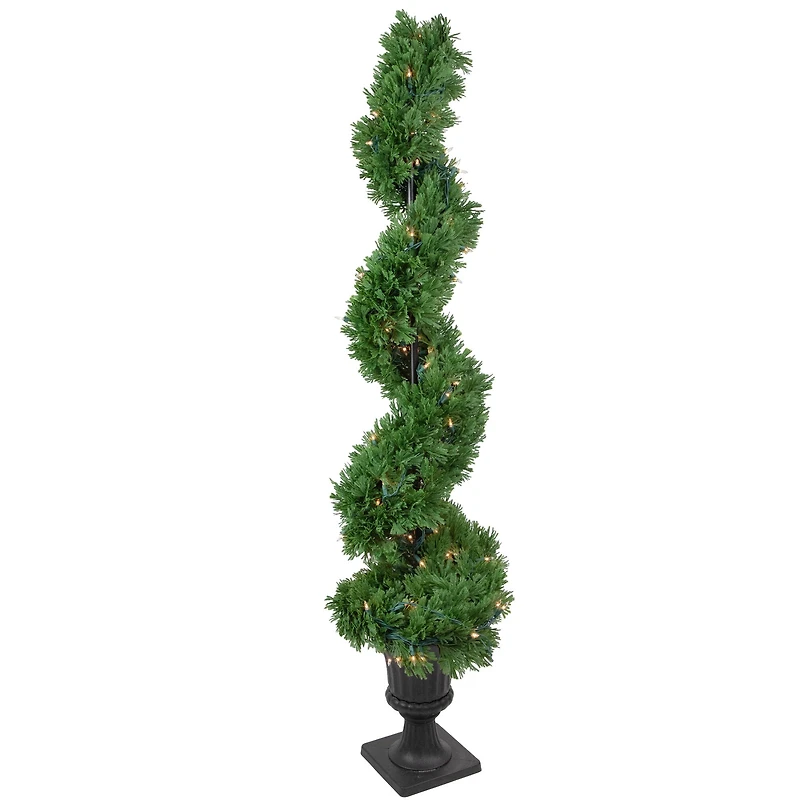 4.5ft. Pre-Lit Artificial Cedar Spiral Topiary Tree in Urn Style Pot, Clear Lights