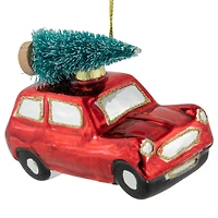 Station Wagon with Tree Glass Christmas Ornament - 3.5" - Red
