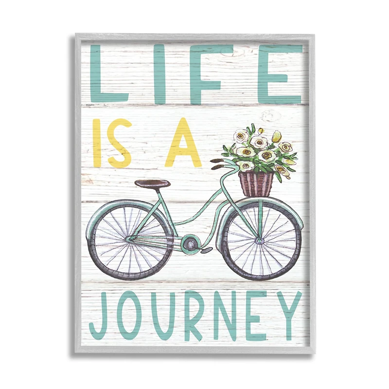 Stupell Industries Life's A Journey Blue Bicycle Flower Basket in Gray Frame Wall Art