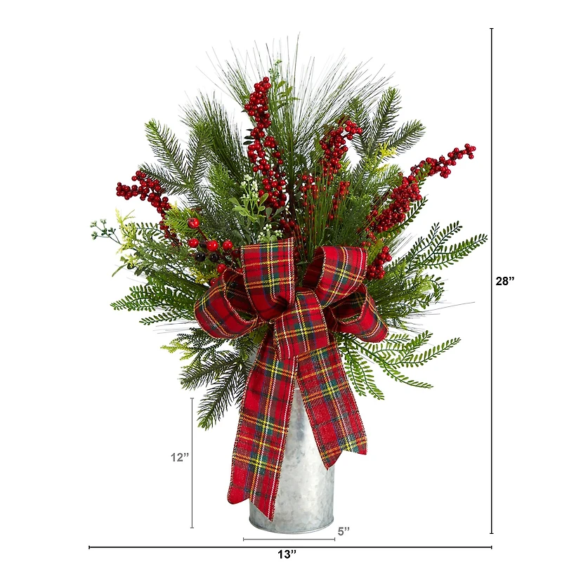 28" Holiday Winter Greenery, Berries & Plaid Bow Artificial Christmas Arrangement