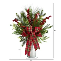 28" Holiday Winter Greenery, Berries & Plaid Bow Artificial Christmas Arrangement