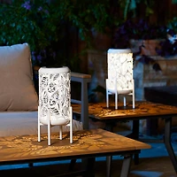 Glitzhome® 14.25" White Metal Cutout Leaves Pattern Solar Powered LED Outdoor Lanterns, 2ct.