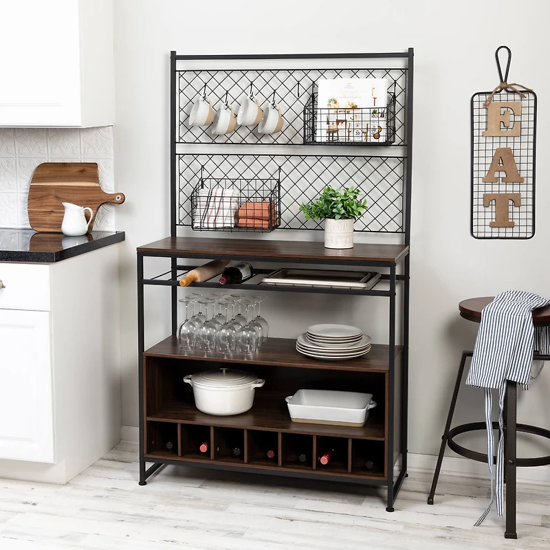Honey Can Do Black & Walnut Multi-Purpose Kitchen Bakers Rack With Wine Storage