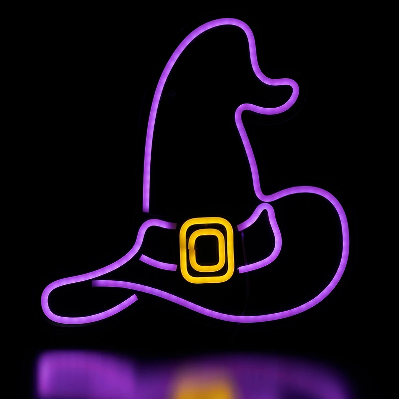 15" Purple LED Neon Style Witch Hat Halloween Window Silhouette
