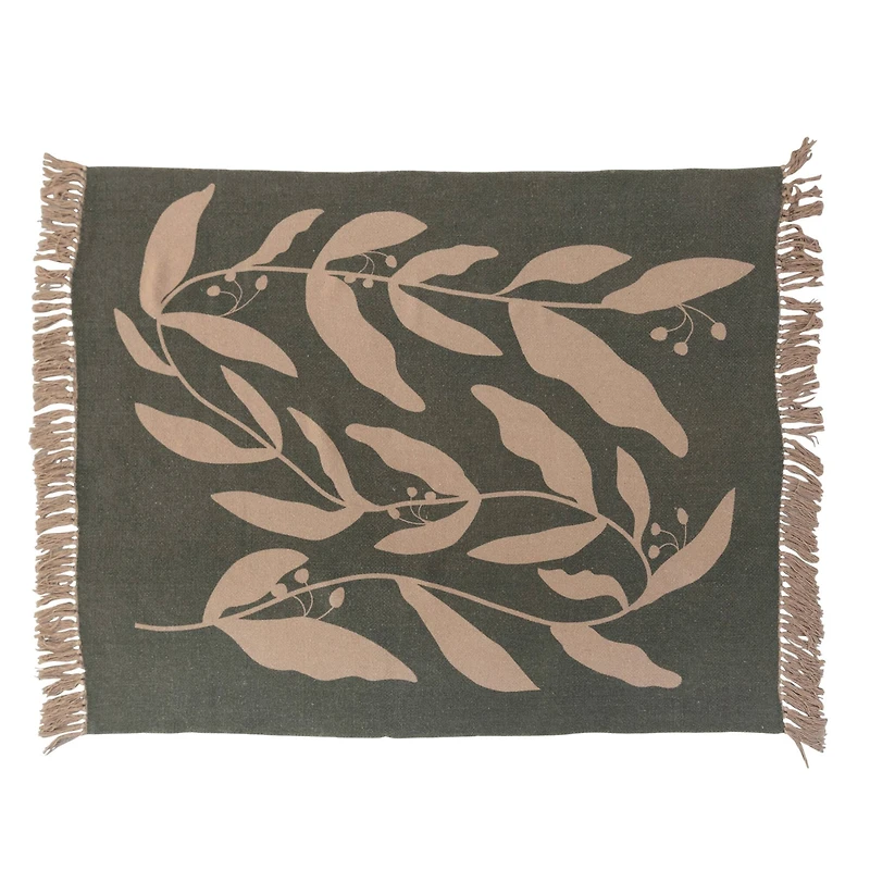 Hello Honey® Recycled Cotton Blend Printed Throw Blanket with Fringe, Green and Tan