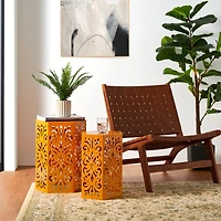 Glitzhome® Orange Floral Motif Hexagonal Garden Stool Set