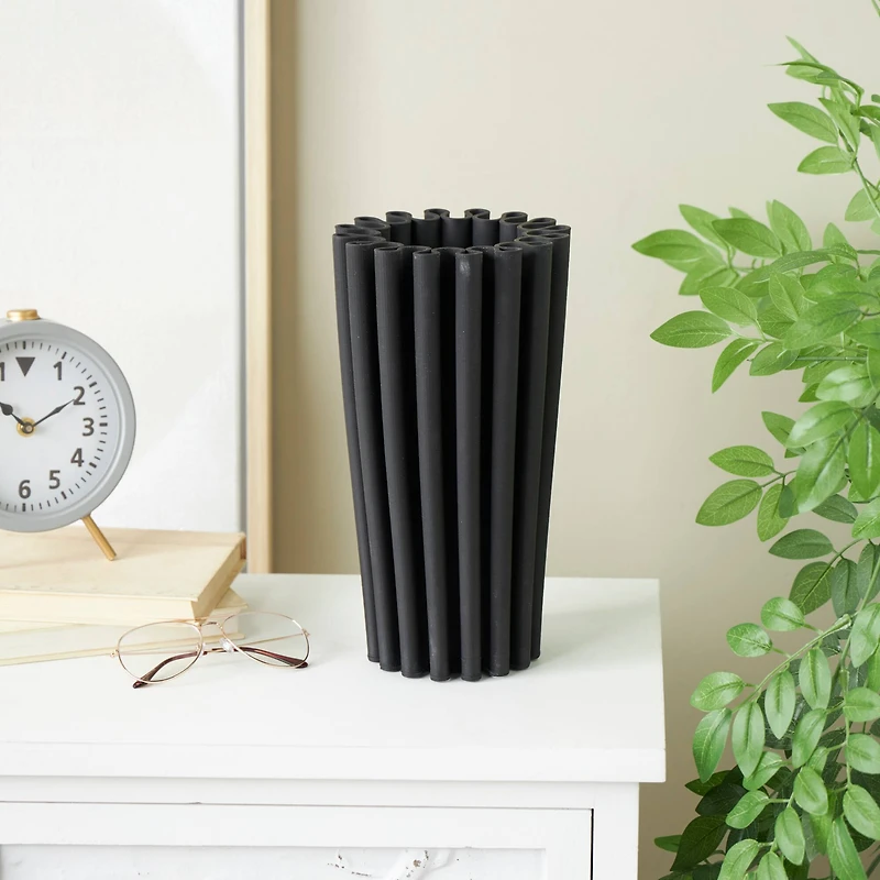 Black Abstract Dimensional Ribbed Ceramic Vase