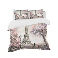 Designart 'Eiffel with Pink Flowers' Global Inspired Bedding Set