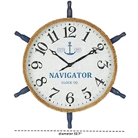 33" White & Blue Wood & Rope Ship Wheel Decorative Wall Clock