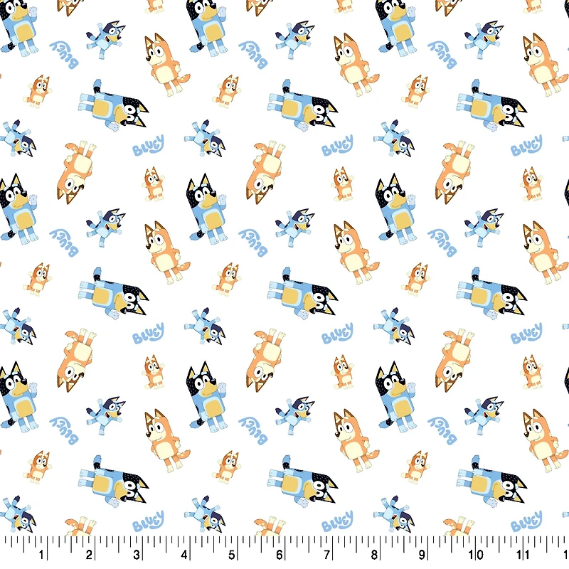 Bluey Toss on White Cotton Fabric 