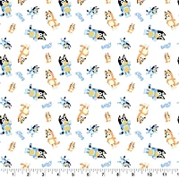 Bluey Toss on White Cotton Fabric 