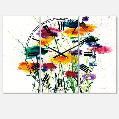 Designart Indigo, Green & Yellow Watercolor Traditional 3 Panel Wall Clock