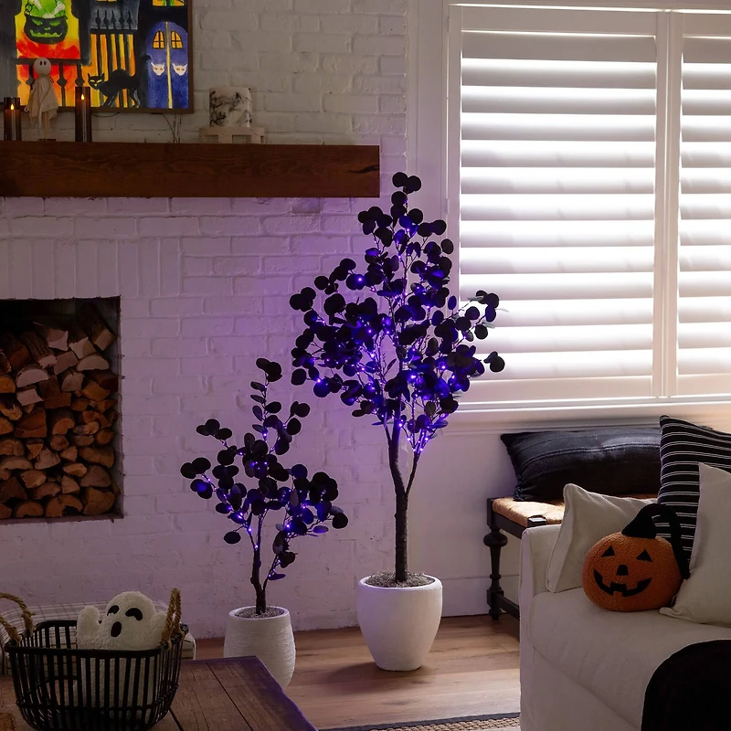 3ft. Pre-Lit Artificial Halloween Black Eucalyptus Tree with 80 Orange & Purple LED Lights