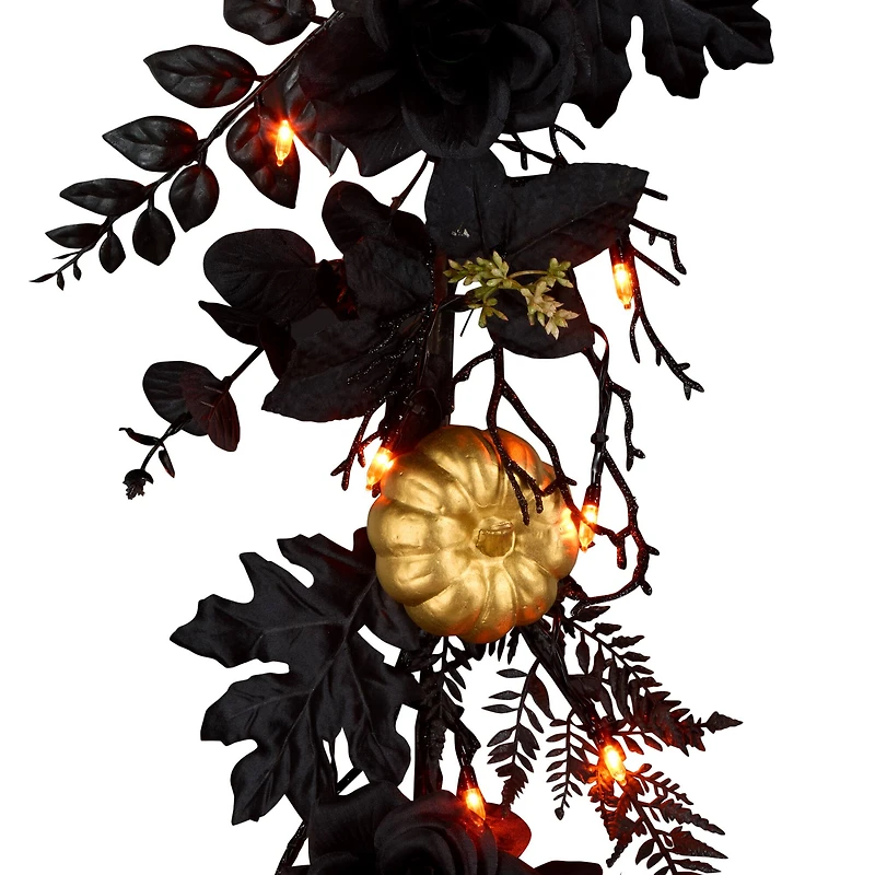 6ft. Chic Eek Black & Gold Halloween Pumpkin & Flower Pre-Lit LED Garland