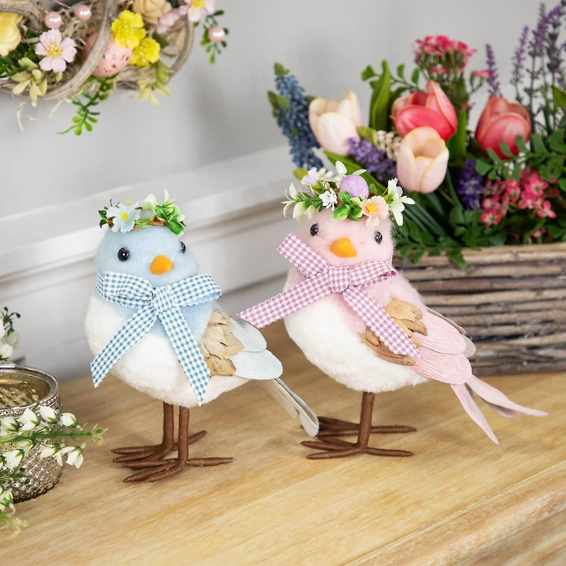 7.75" Pink Plush Bird Easter Accent with Gingham Bow