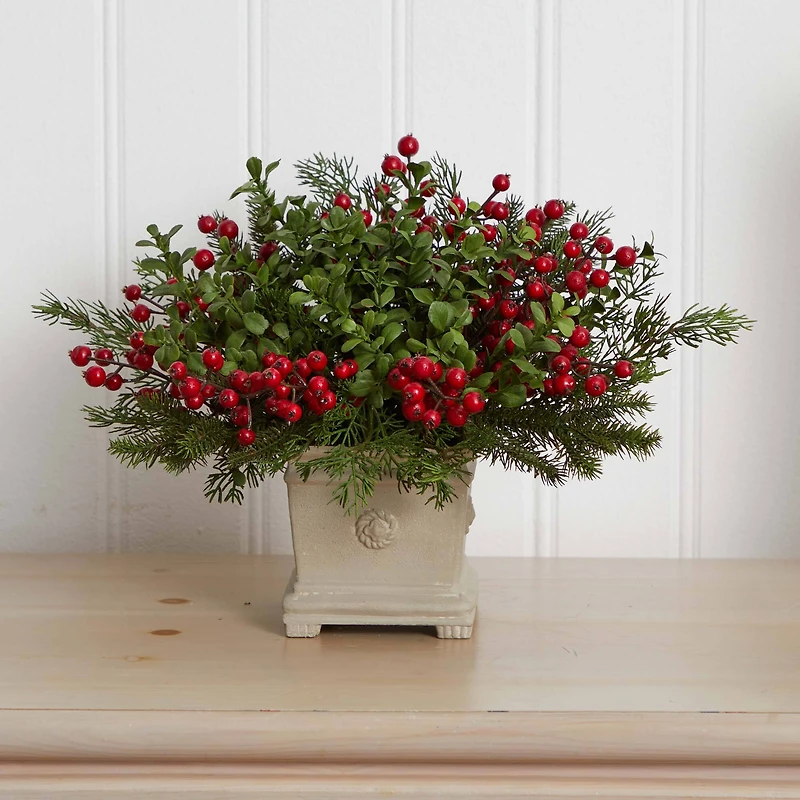 12" Potted Holiday Berry & Pine Artificial Arrangement