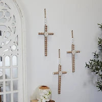 Light Brown Wood Carved Beaded Crosses Biblical Wall Decor with Rope Hanger Set of 3 7", 19"