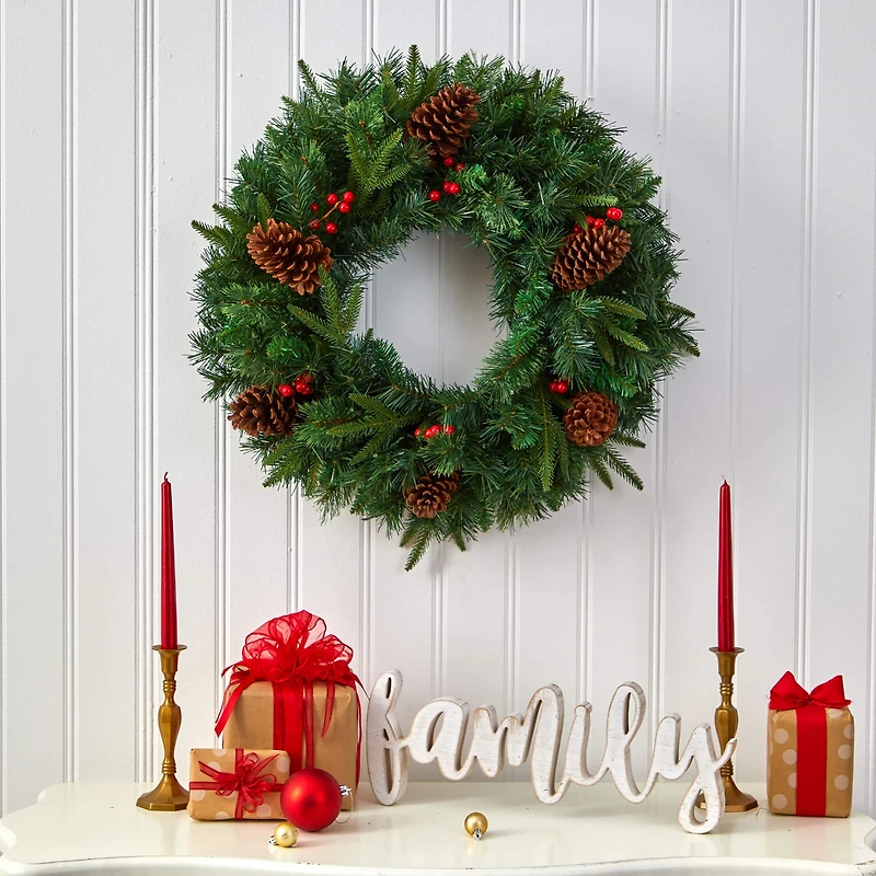 24" Clear LED Mixed Pine & Berries Christmas Wreath