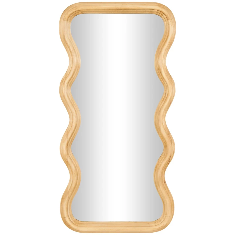 Brown Wood Wavy Wall Mirror with Dimensional Carved Frame