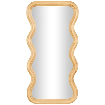 Brown Wood Wavy Wall Mirror with Dimensional Carved Frame