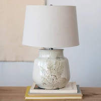 Hello Honey® 22" Cream and Green Reactive Crackle Glaze Debossed Botanical Stoneware Table Lamp with Linen Shade Set