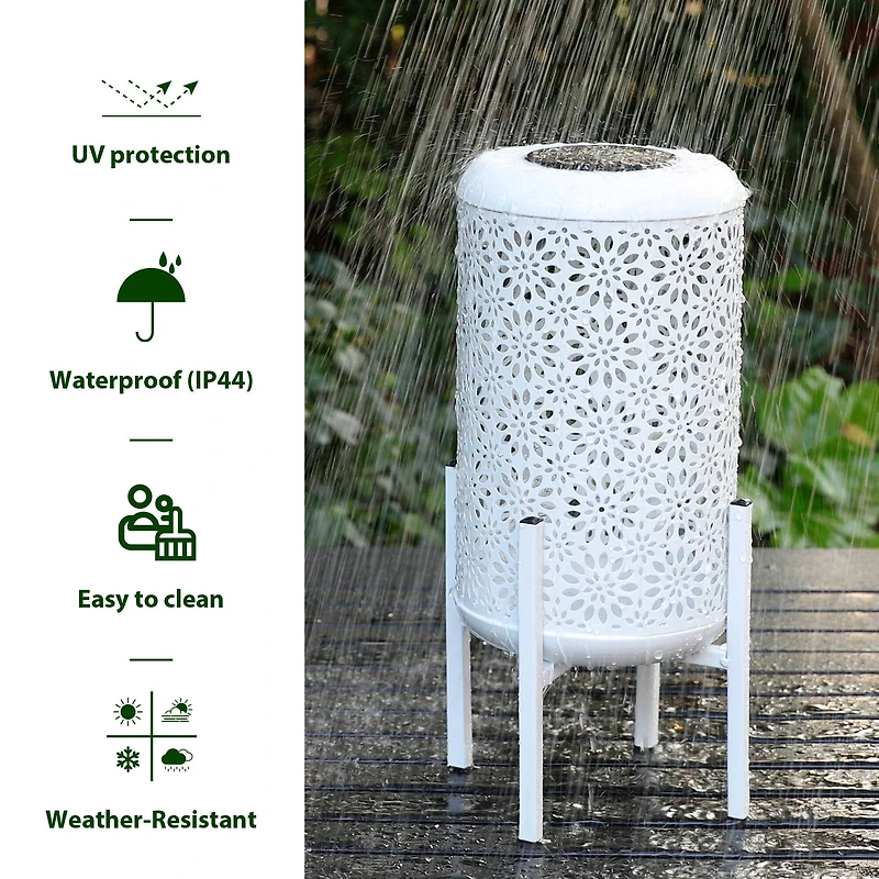 Glitzhome® 14.25" White Metal Cutout Flower Pattern Solar Powered LED Outdoor Lantern