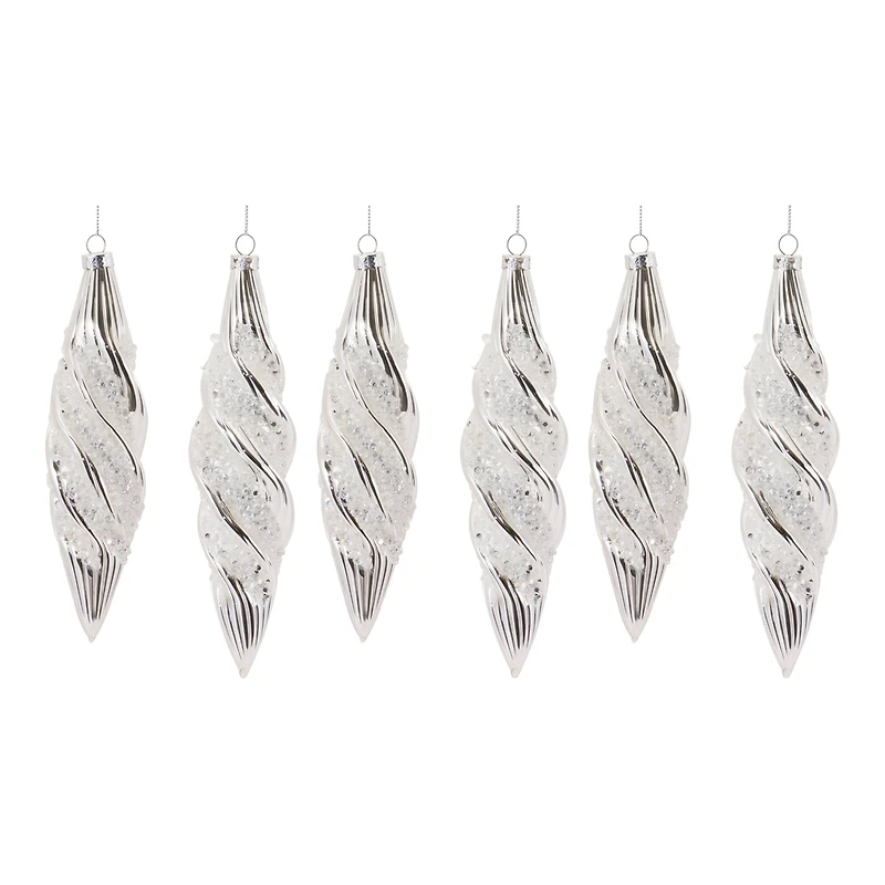 Beaded Silver Teardrop Swirl Glass Ornament Set