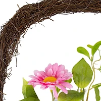 17" Pink & Yellow Chrysanthemum & Daisy Twig Basket Wreath Spring Décor