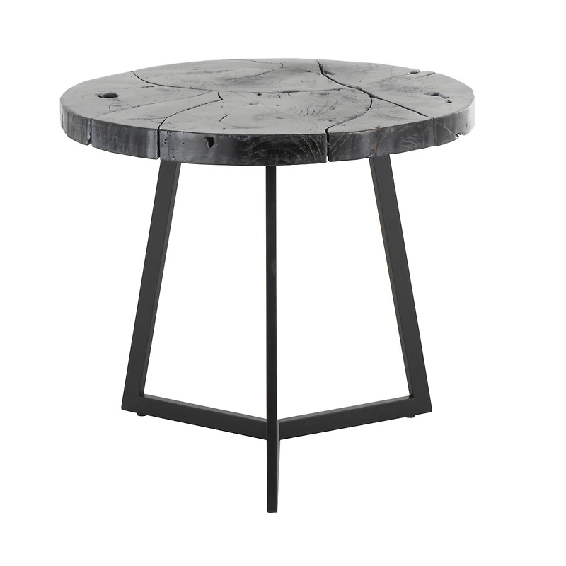 21.5" Black Teak Wood Handmade Live Edge Accent Table with Black Metal Base