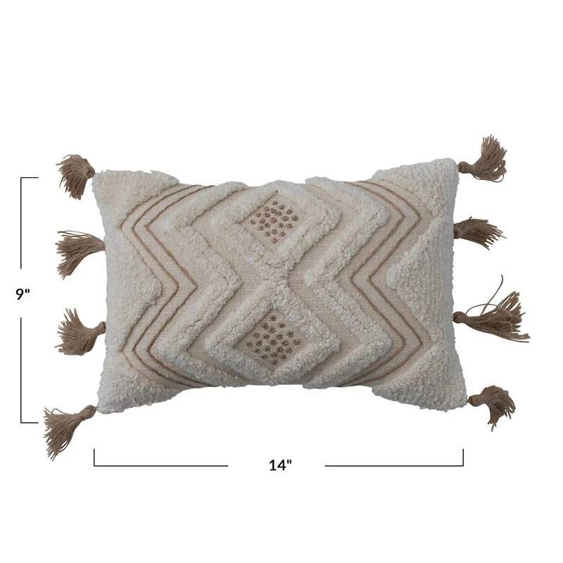 Hello Honey® Natural Boho Cotton Slub Lumbar Pillow with Embroidery & Tufting